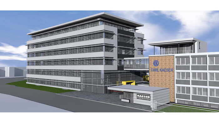 Vista lateral del nuevo edificio de administración de Kaeser Kompressoren