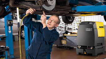 La «estación de compresor de pistón» i.Comp 9, con secador frigorífico integrado, es la solución ideal para talleres mecánicos.